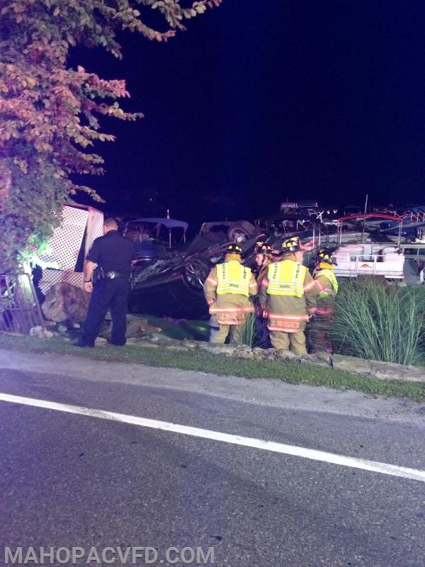 09/25/18.  1:28am  MVFD operating at South Lake Blvd & Mahopac Marina on a one car MVA with injuries. Vehicle operator lost control of the vehicle, going over a small stonewall striking a stone pillar in the drivers door before the vehicle came to rest upside down. Vehicle occupants extricated themselves prior to arrival of Emergency Services.